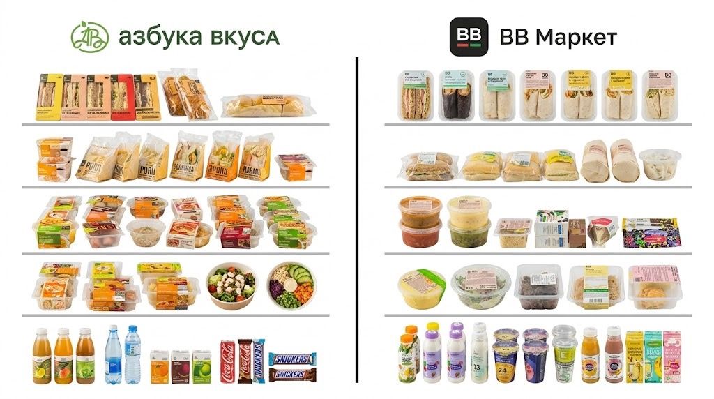 Ассортимент микромаркетов Азбука Вкуса и ВВ Маркет
